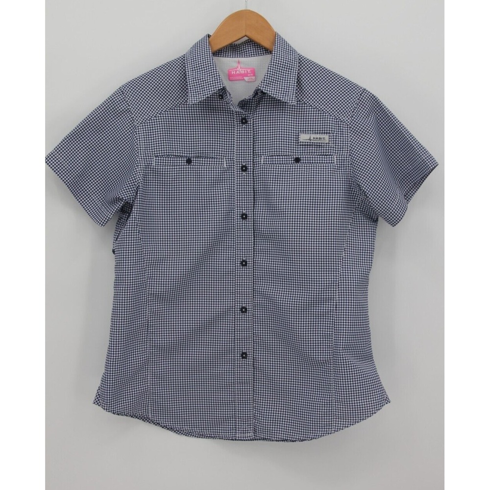 HABIT 40+ SOLAR FACTOR Short Sleeve Shirt Blue White Gingham Check Size M #109